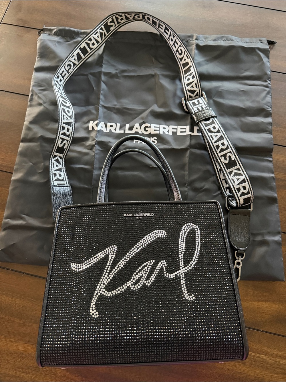 Karl Lagerfeld Black Crystal-Embellished Satchel with Branded Strap